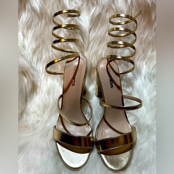 Fashion Nova Metallic Gold Gladiator Heels with Spiral Coil Design - Picture 1 of 6